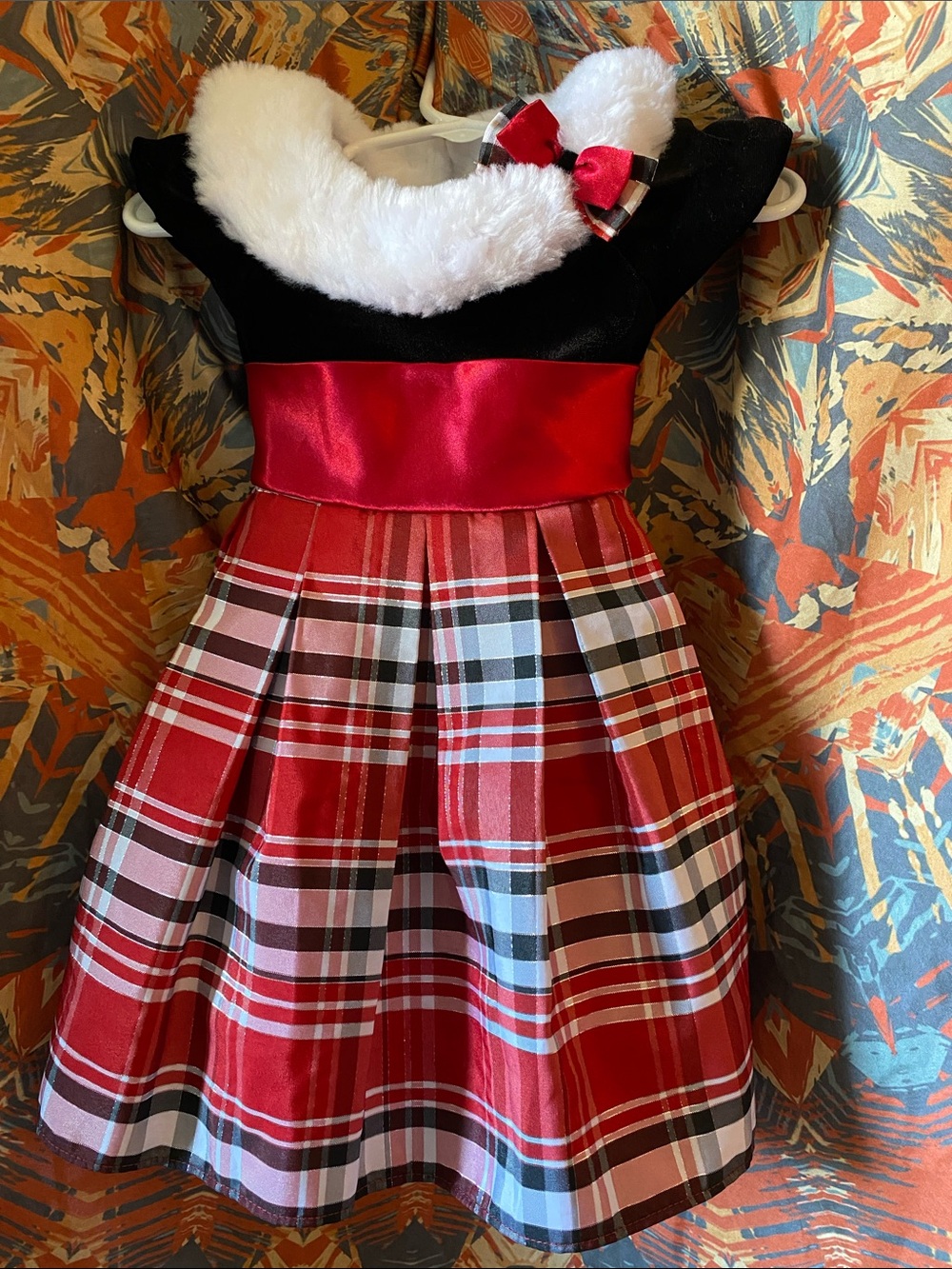 Dress Faux Fur Collar red black white plaid black velvety bodice holiday dress